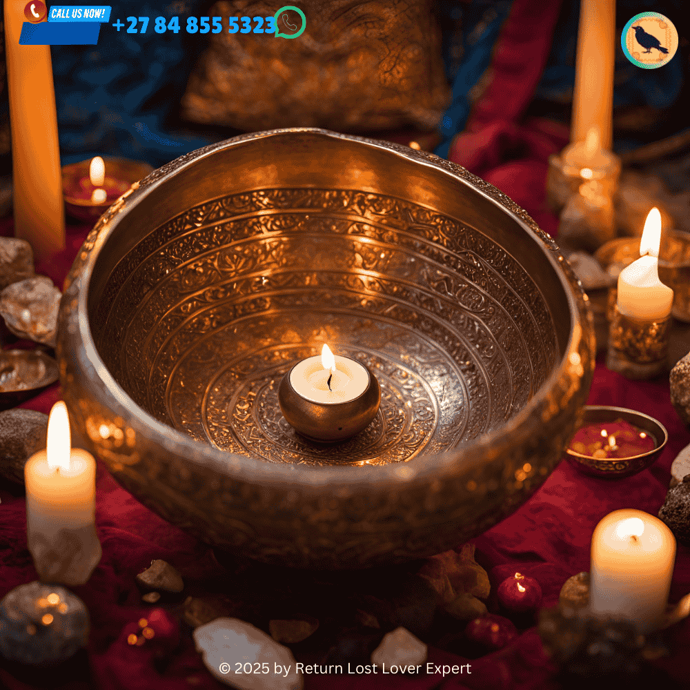 Singing bowl and crystals used in sound cleansing for a love spell ritual casting