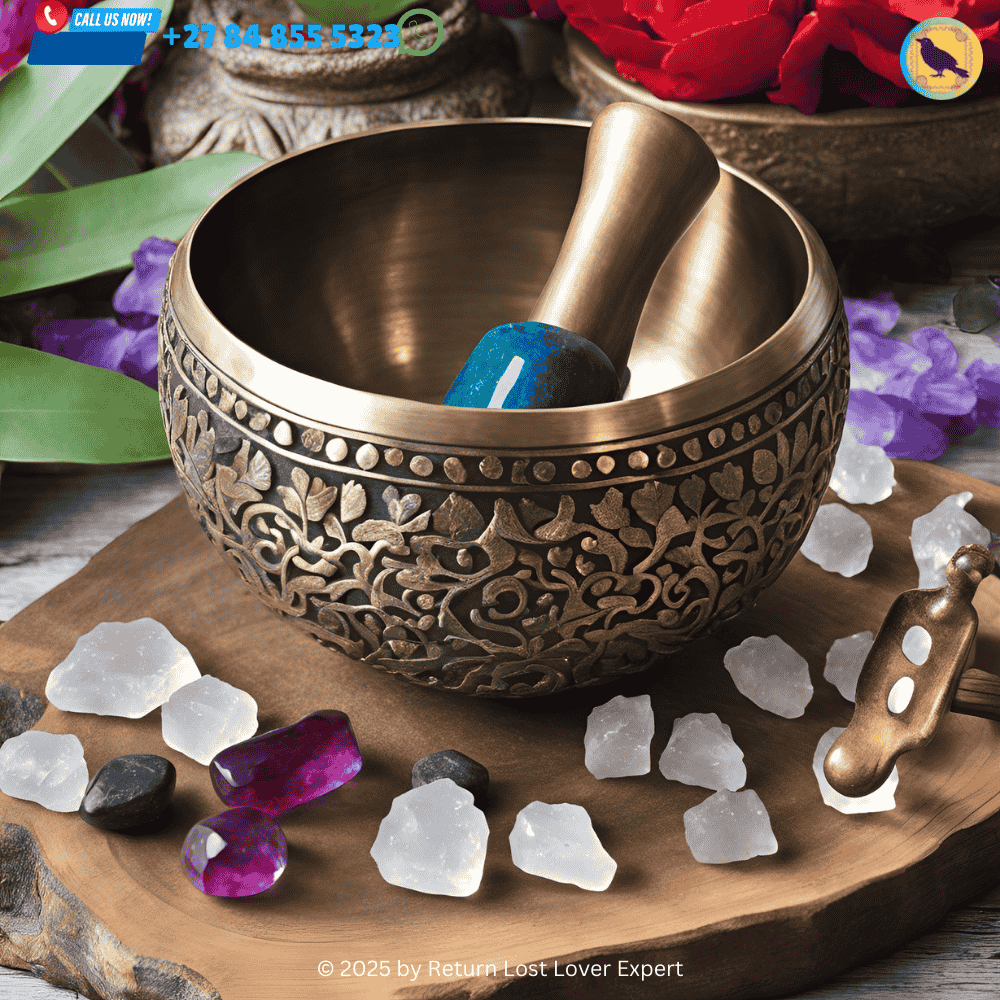 Singing bowl and crystals used in sound cleansing for a love spell ritual.