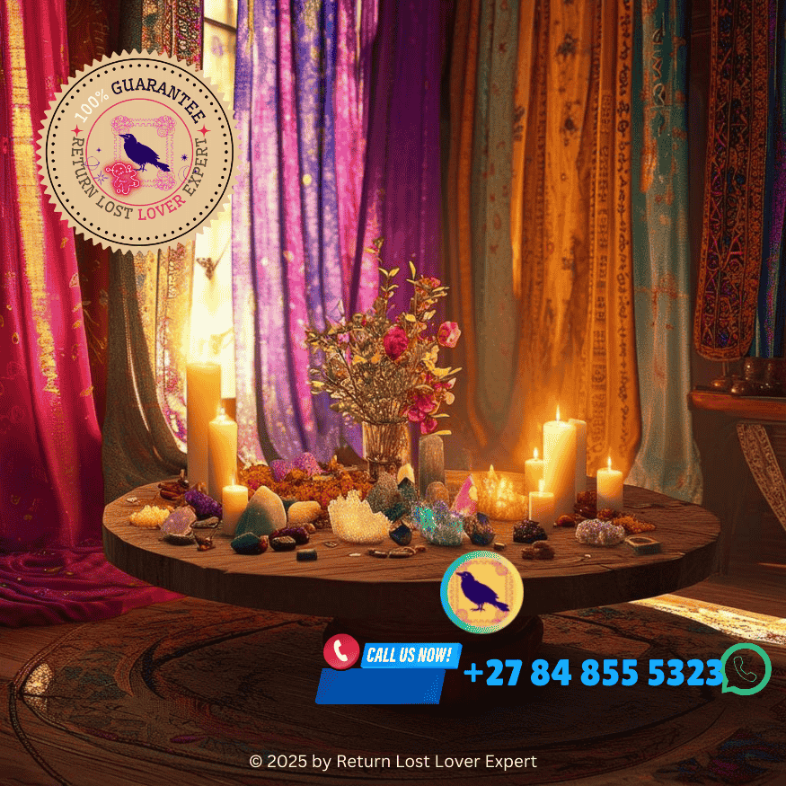 The image captures a serene and inviting room illuminated by soft, warm light. Vibrant, colorful fabrics drape across the space, adorned with mystical symbols.