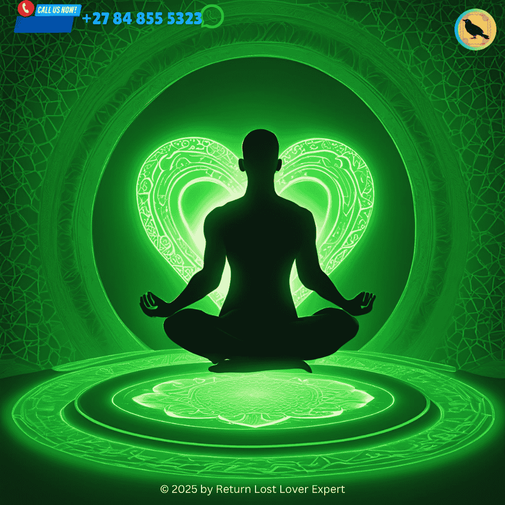 a person practicing heart chakra yoga poses, such as Camel Pose, Bridge Pose, Cobra Pose, and Upward Facing Dog. The person is surrounded by a green light, symbolizing the heart chakra. (2)