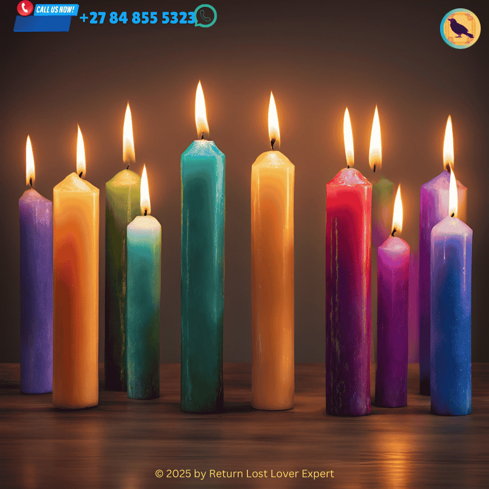 candles arranged in colors corresponding to each day of the week Seven candles in different colors, representing the magical energy of each day for love spellcasting.