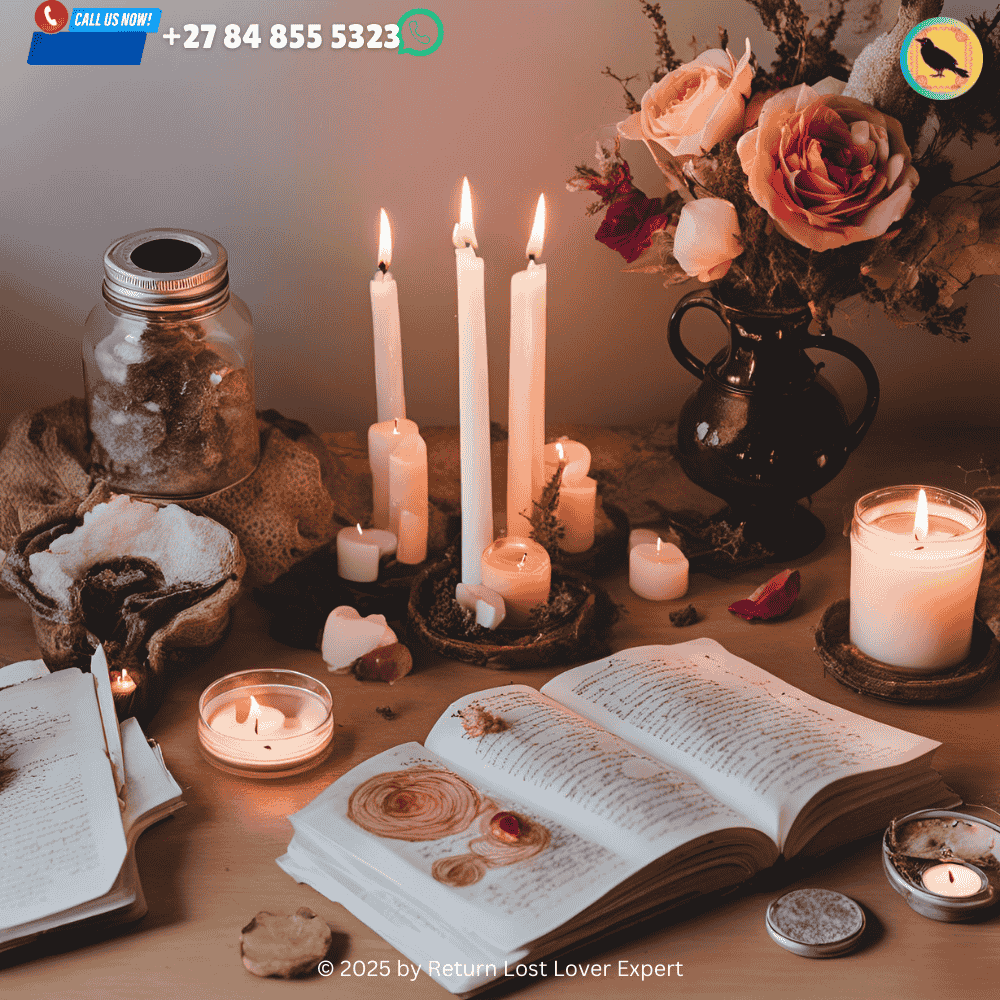 A sacred space set up with candles, crystals, and flowers for love spell casting.