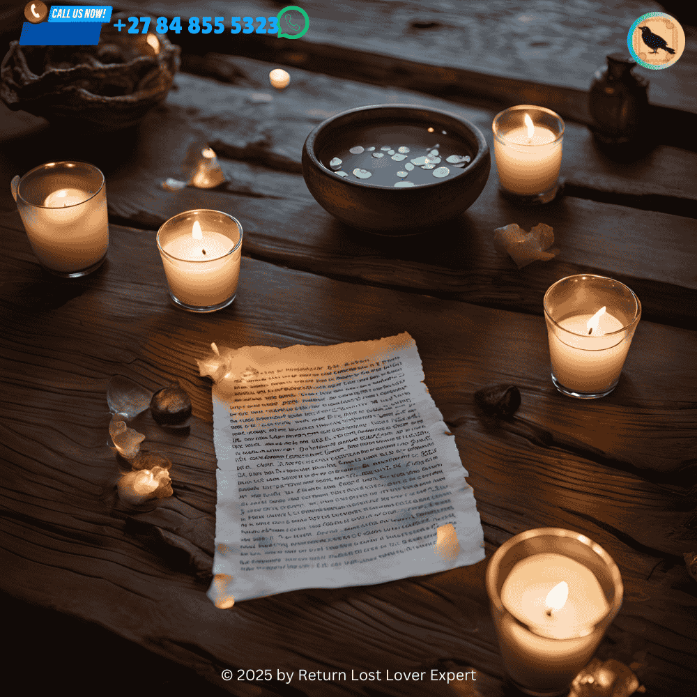 A bowl of water with a piece of paper submerged, symbolizing the release of blockages during a love uncrossing spell.