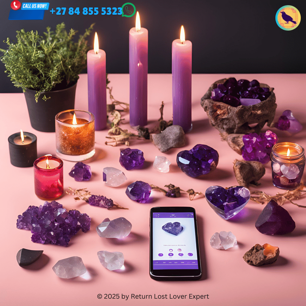 A collection of modern love spell tools, including crystals, candles, and a smartphone, representing the evolution of love magic in the 21st century