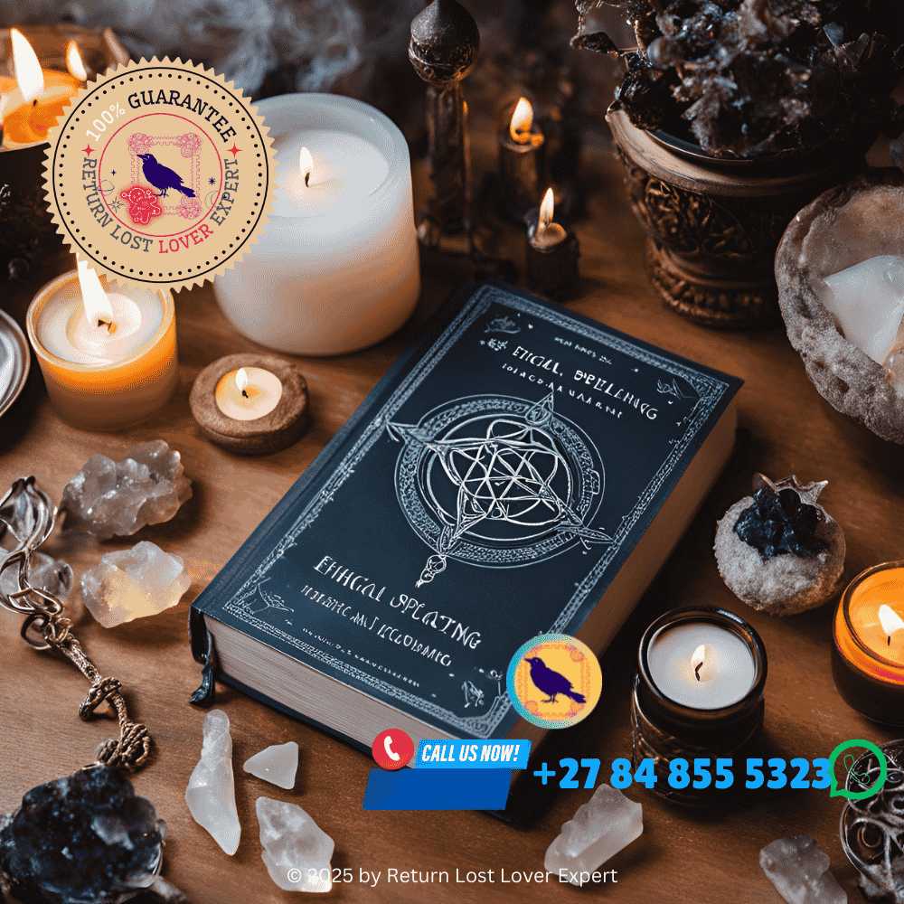 A love spell altar with candles, crystals, and sacred twin flame symbols.