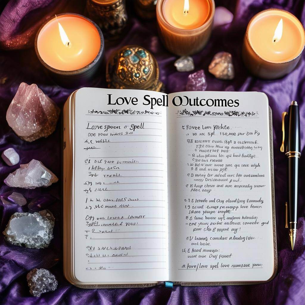 A love spell altar with candles, crystals, and a notebook filled with affirmations.