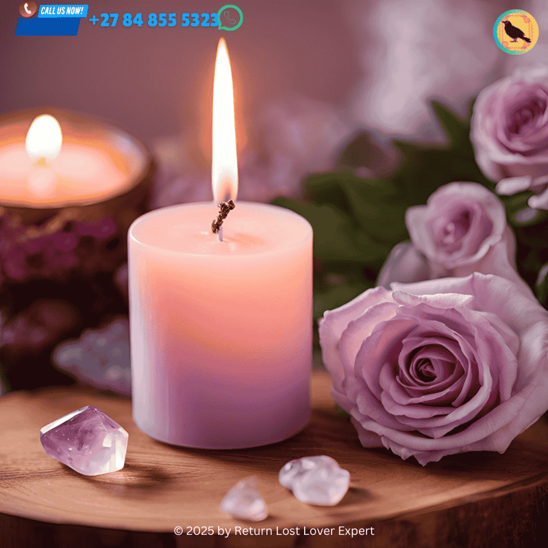 Fresh rose petals and lavender flowers arranged in a circle for a love spell ritual.