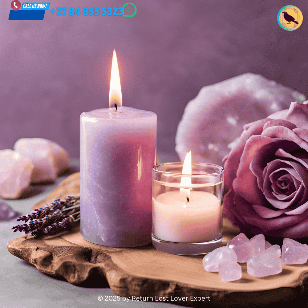 A white candle burning beside a quartz crystal and lavender, symbolizing clarity and truth in intention
