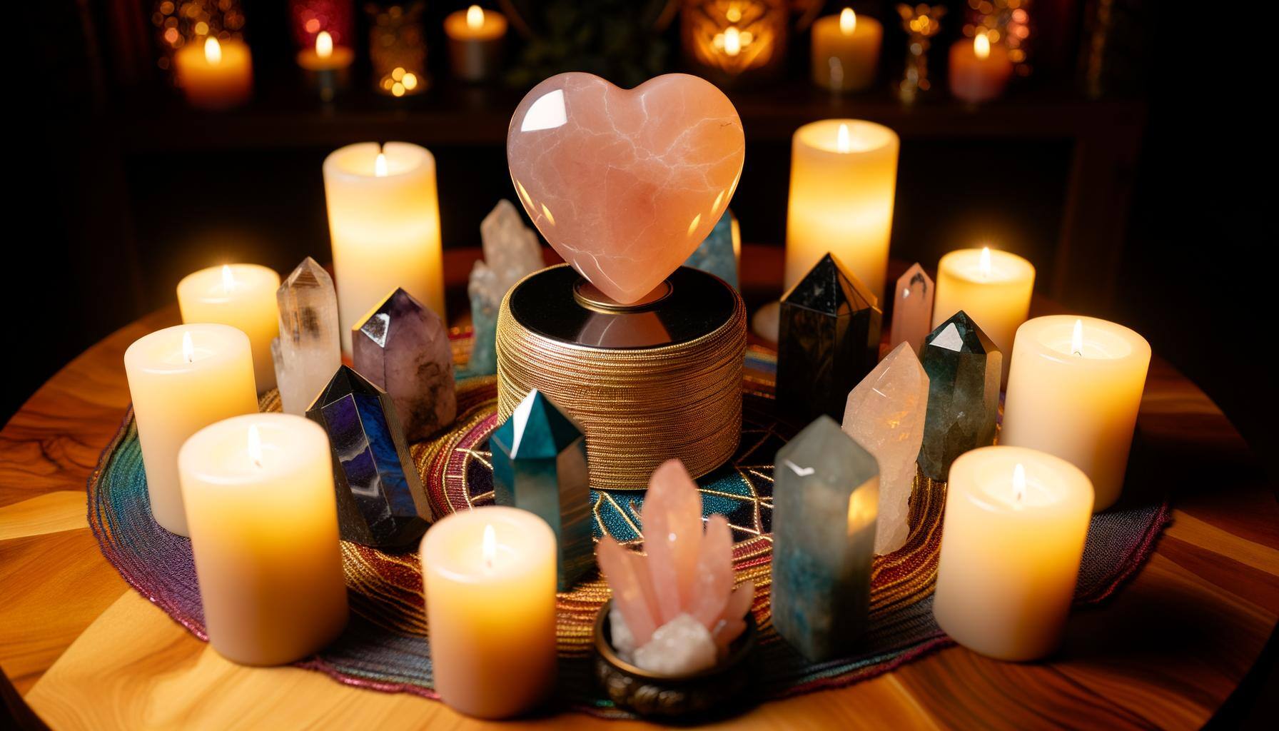 A serene candlelit ritual space with candles, crystals, and herbs arranged on a table, creating a mystical ambiance for spell casting.