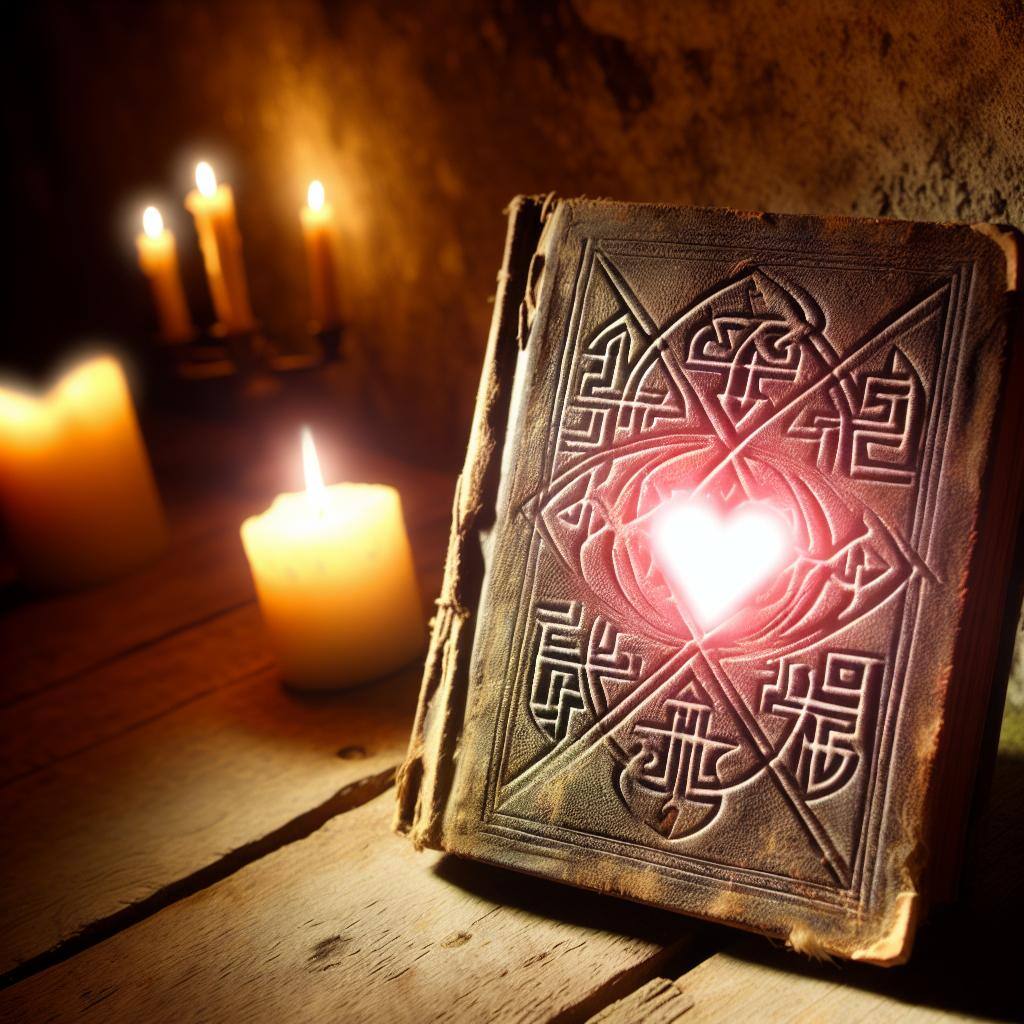 A mysterious, weathered book with intricate symbols and a glowing heart on the cover, surrounded by flickering candles in a dimly lit room. Symbolises Eternal Love