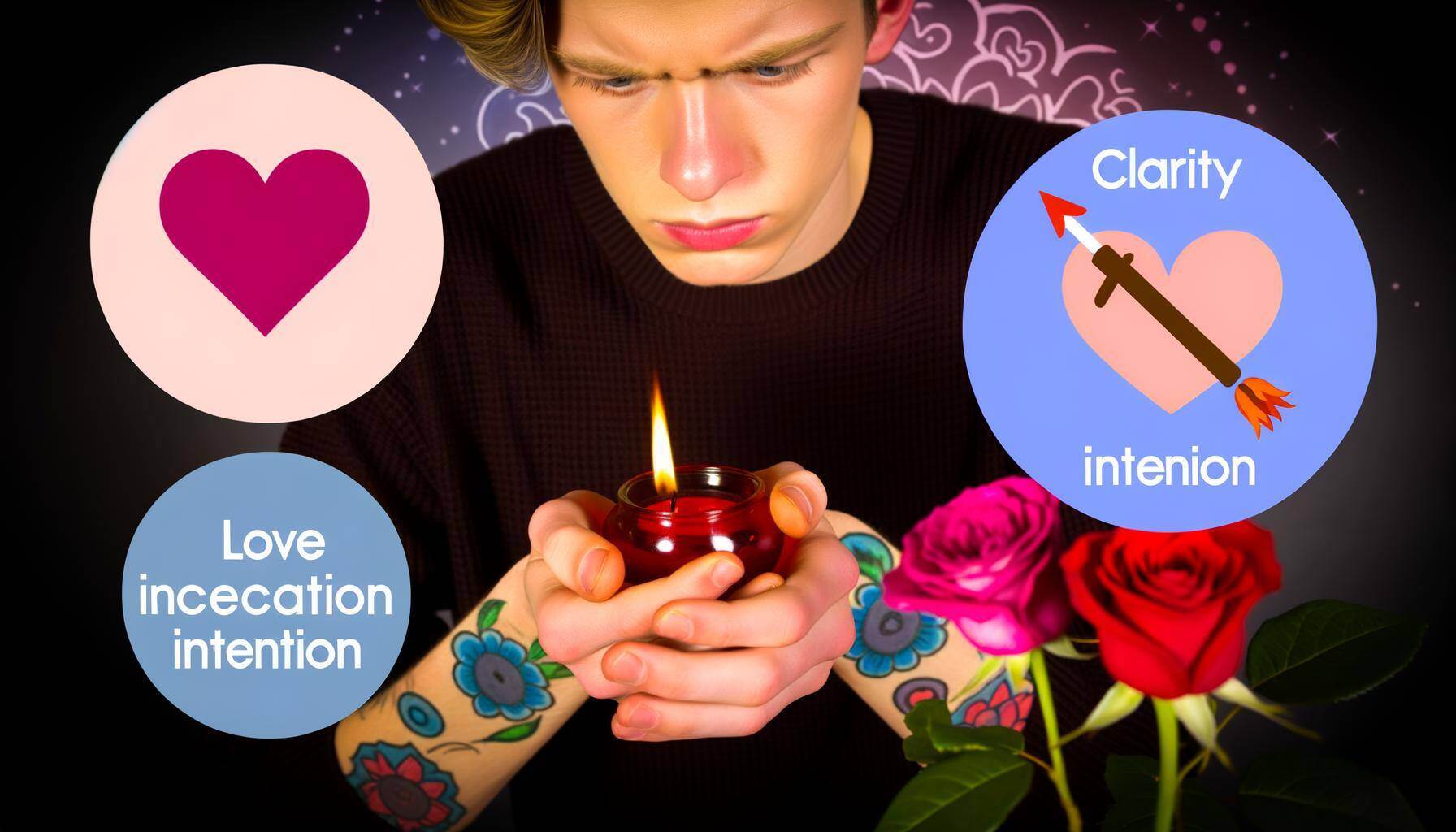 A close-up of hands holding essential love spell tools like candles, rose petals, and a quartz crystal.