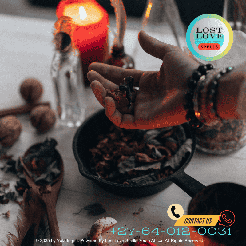 Candles, crystals, and herbs arranged on an altar for a love spell ritual.