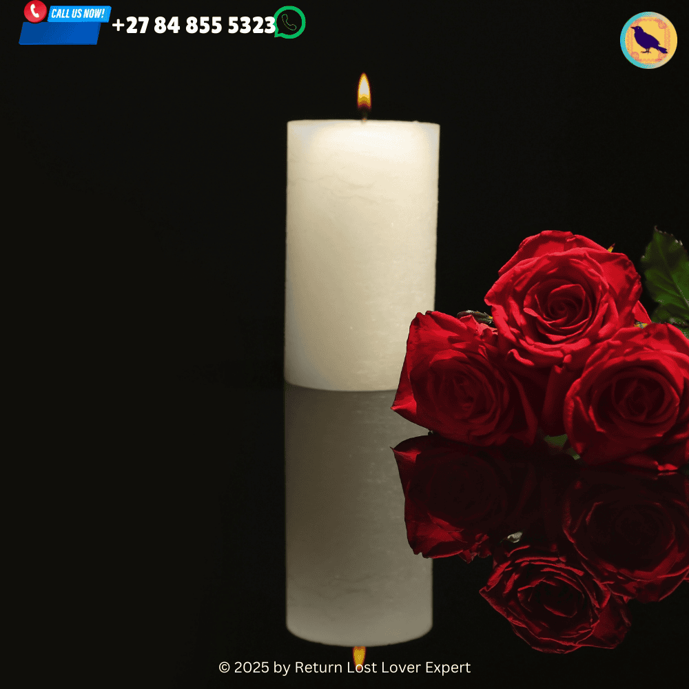 A love spell altar with red candles, rose quartz crystals, and herbs set up for a ritual.