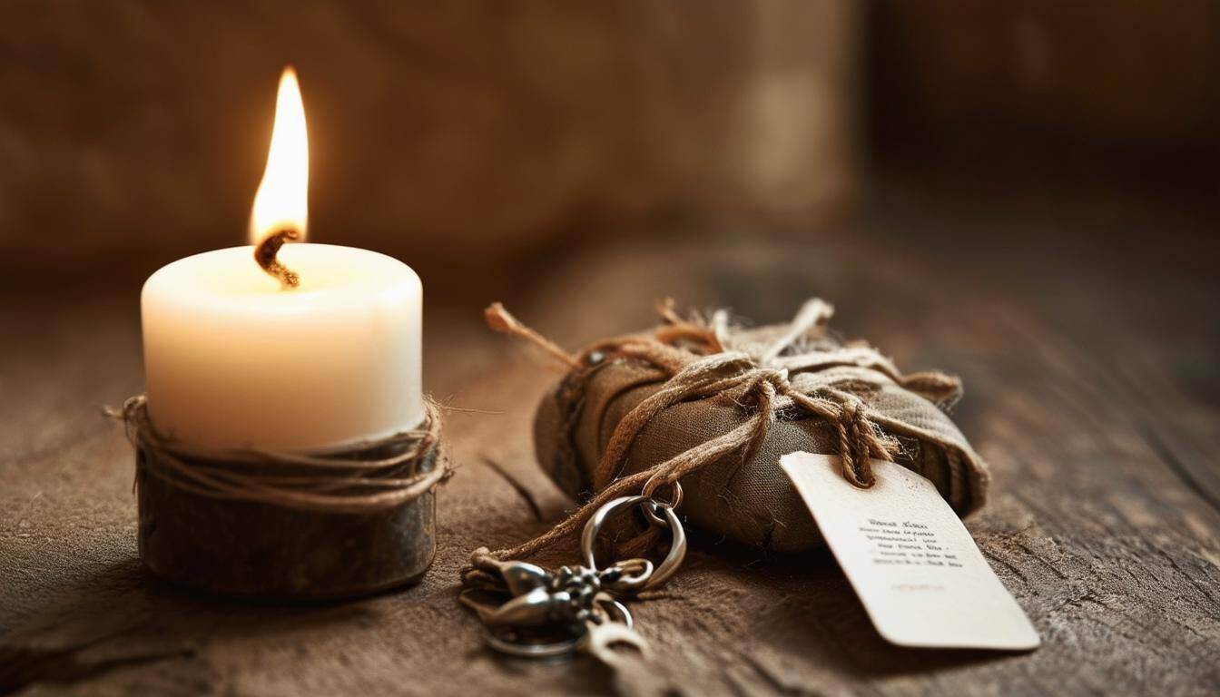 a small fabric bag filled with herbs, crystals, and essential oils, tied closed with a ribbon.