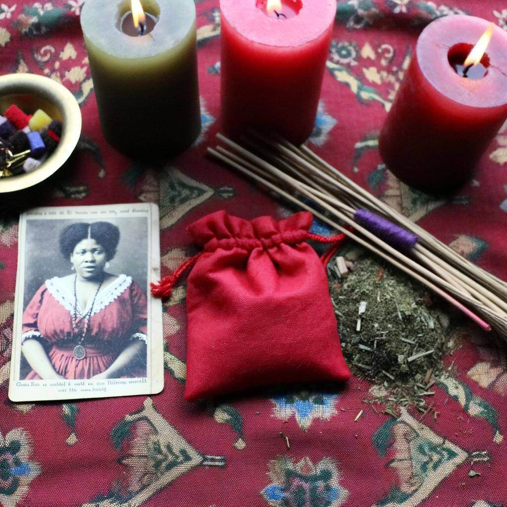 a candle being anointed with oils and herbs in a ritualistic setting, surrounded by other tools and ingredients like photographs and personal objects.