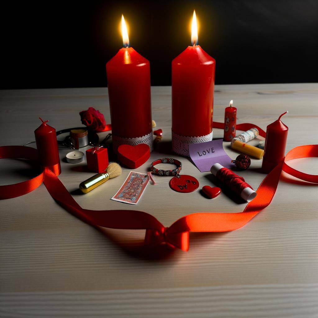 An image of a DIY love spell being performed with two red candles, personal items from both partners, and a red ribbon tied around the items on an alt