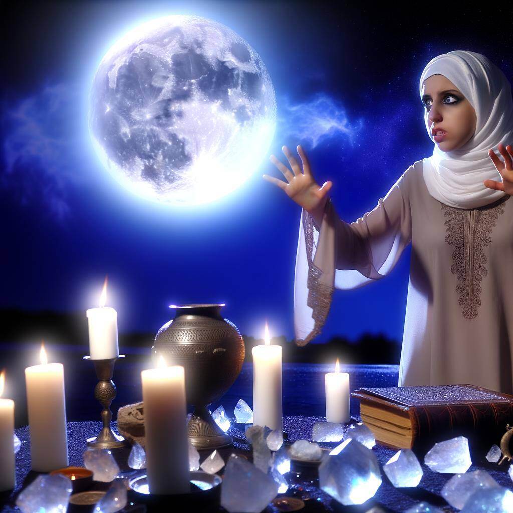 Full moon charging crystals on an outdoor altar, ready for a love spell.