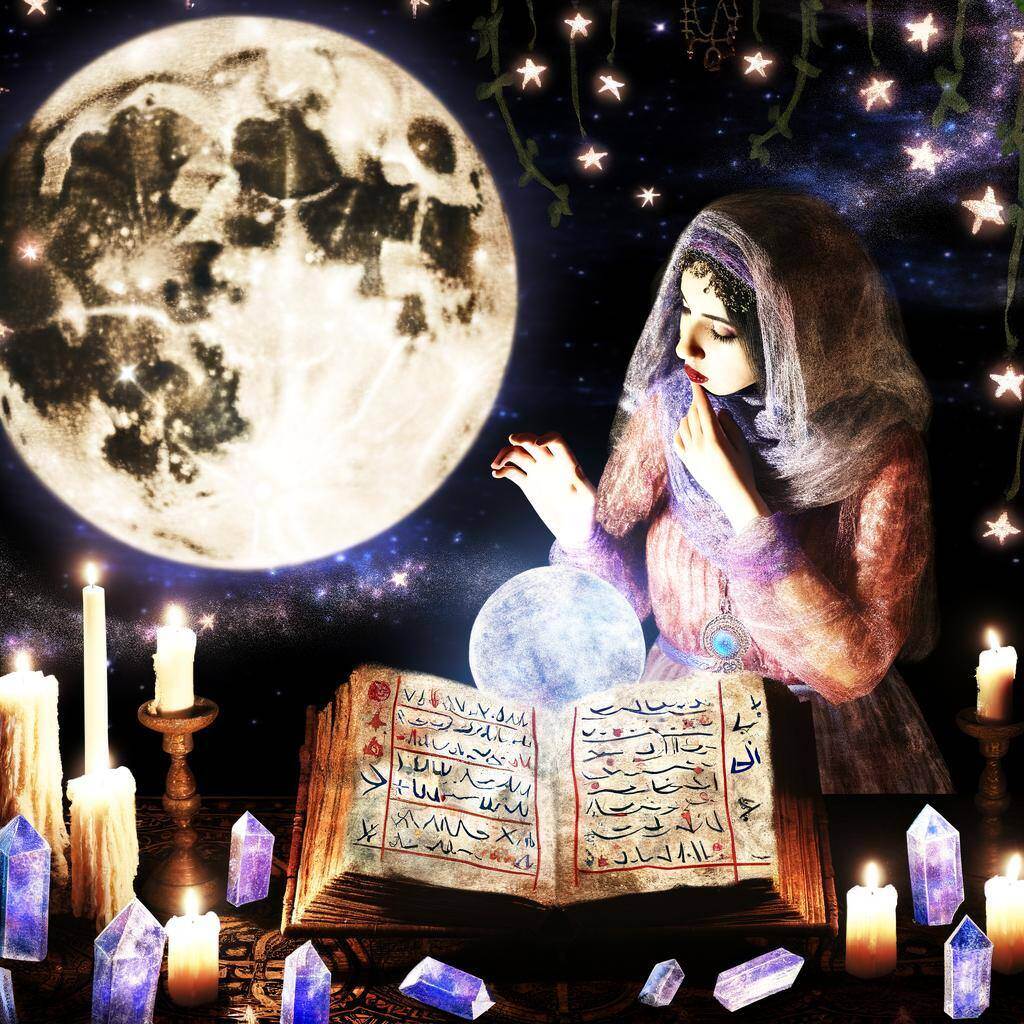 An image of a spell caster performing a ritual under the moonlight, surrounded by candles and crystals, with a book of ancient spells open in front of-1