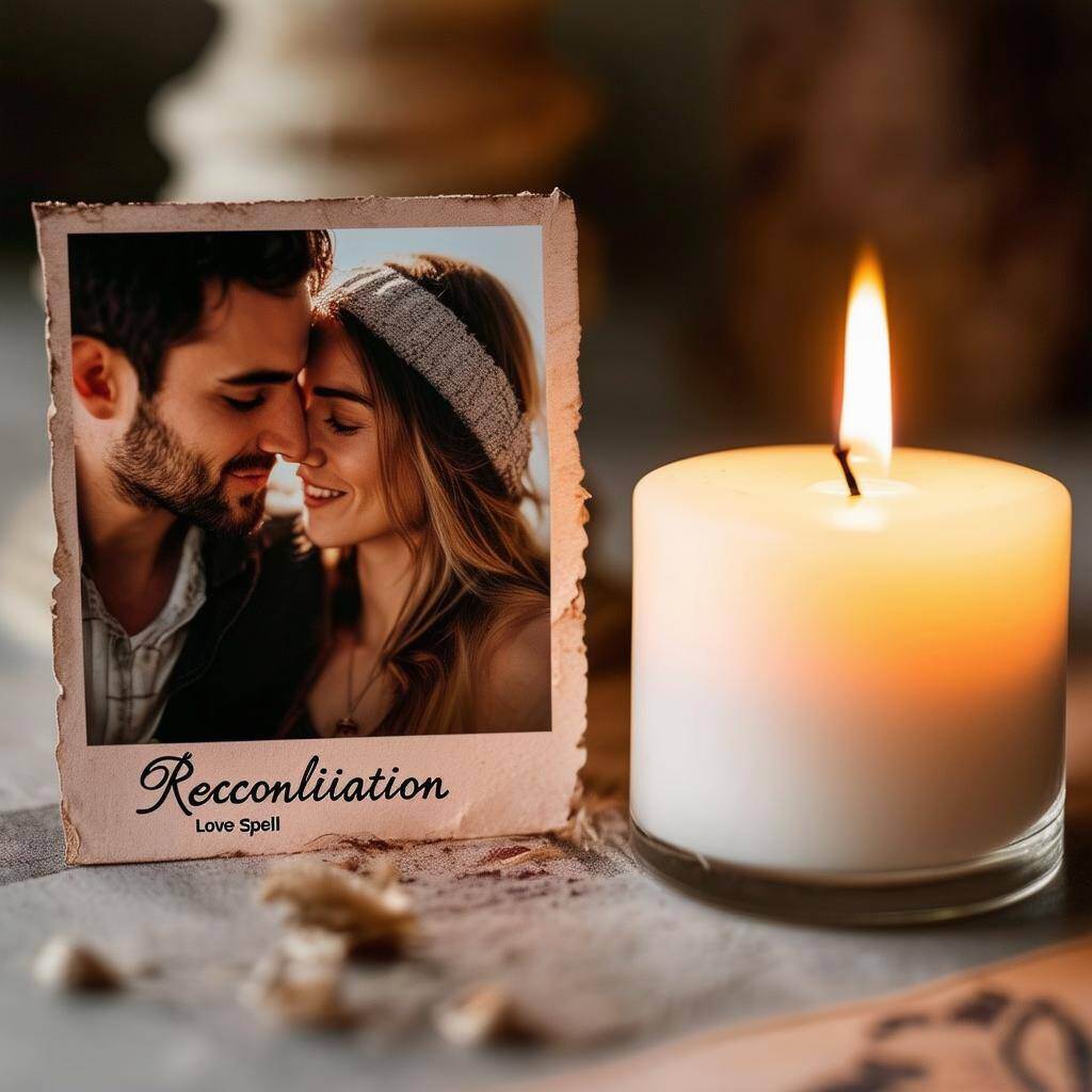 An image of a white candle burning next to a photo of a couple, symbolizing a reconciliation love spell ritual