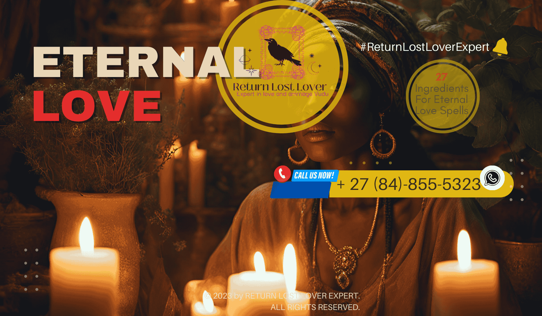 a serene, candlelit room adorned with mystical symbols and herbs. In the center, a wooden table holds an intricately carved crystal ball surrounded by various candles flickering softly, casting dancing shadows on the walls.