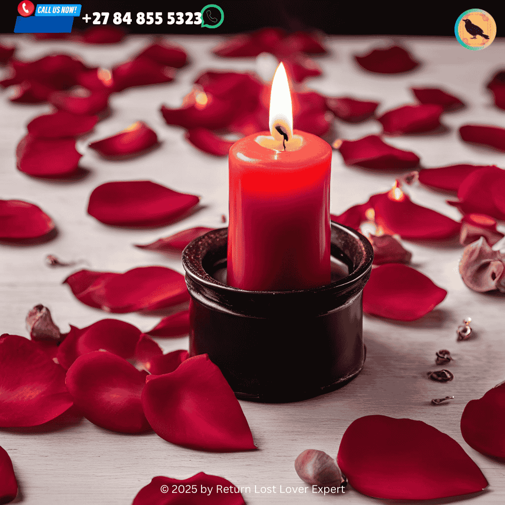A red candle burning on a love altar, surrounded by rose petals and crystals for a passion spell.