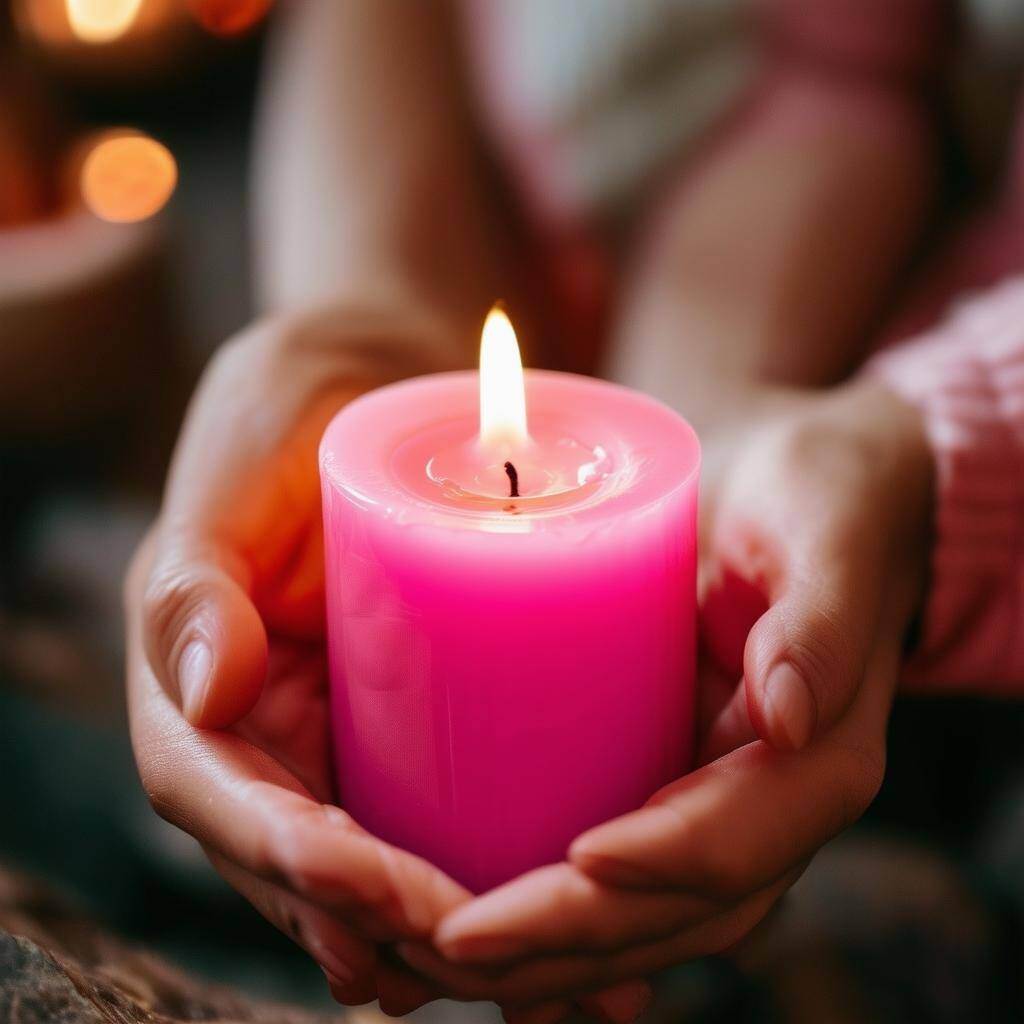 Hands anointing a pink candle with essential oils as part of the preparation for a love spell.