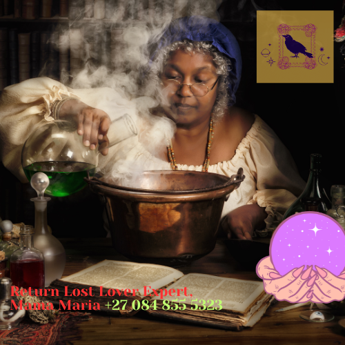 An alchemist’s laboratory with love potions, herbs, and astrological charts, symbolizing the connection between alchemy and love magic by Mama Maria.