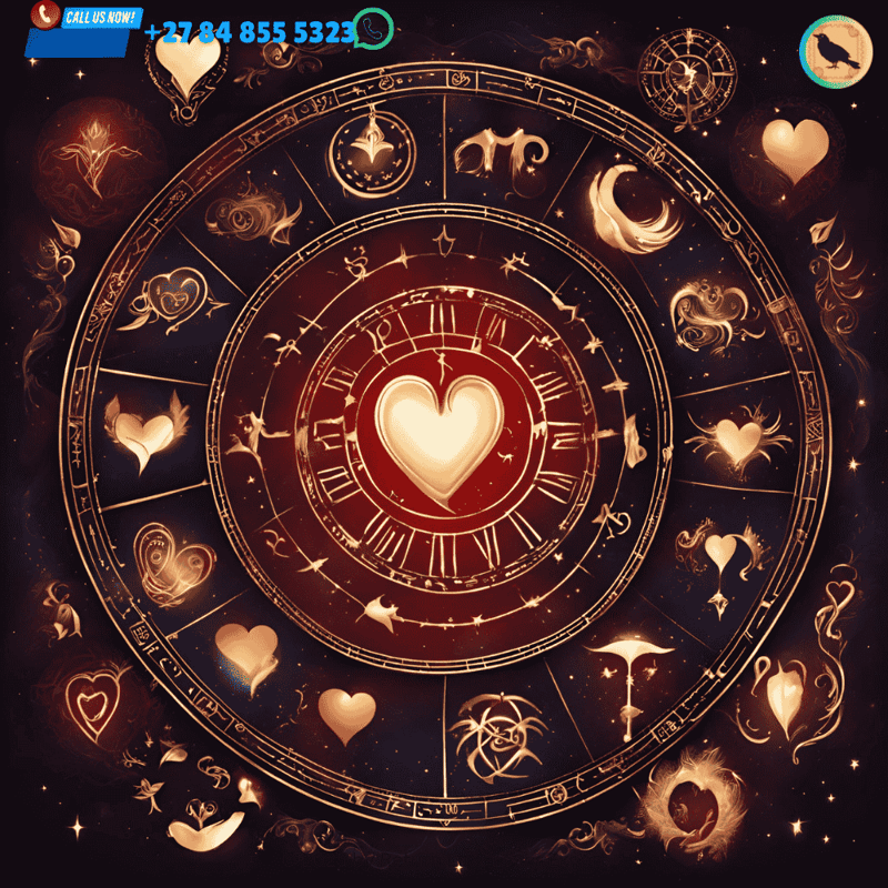 zodiac symbols with a heart in the center: A circle of zodiac signs surrounding a glowing heart, symbolizing how astrological signs influence love spells.