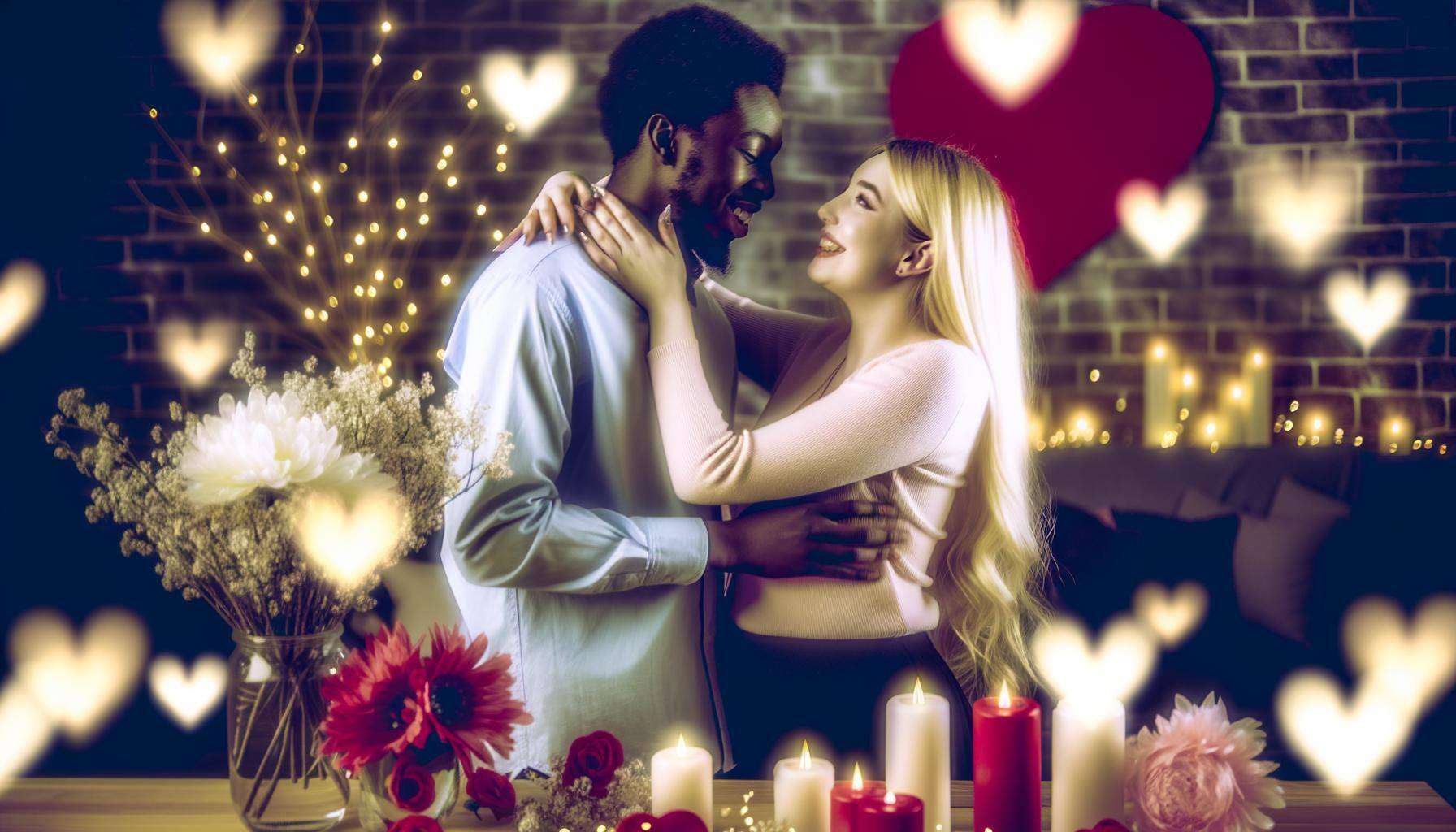 The image is of mixed race couple reuniting in a romantic setting, surrounded by symbols of love and connection-3