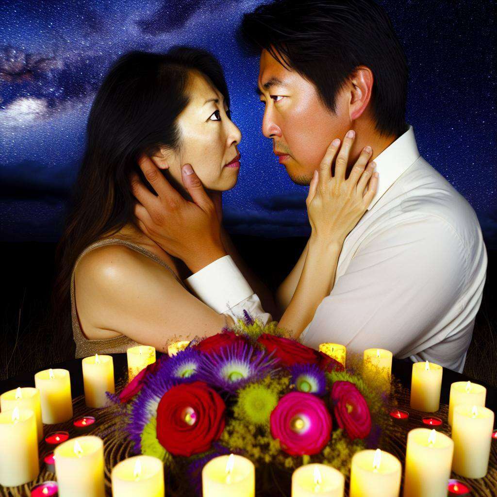 A couple embracing under a starlit sky, surrounded by candles and flowers, with a look of love and longing in their eyes.