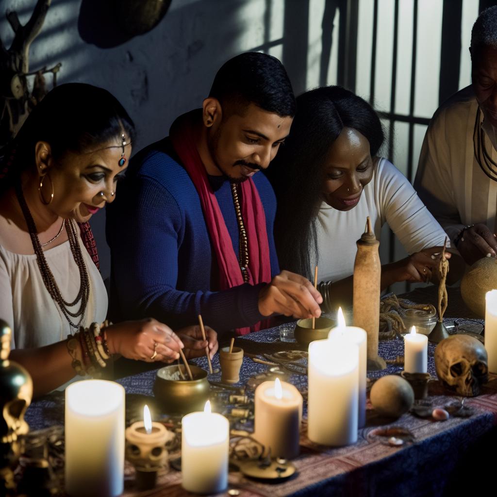 A group of traditional healers in Sandton crafting intricate love spells, surrounded by candles and mystical artifacts.