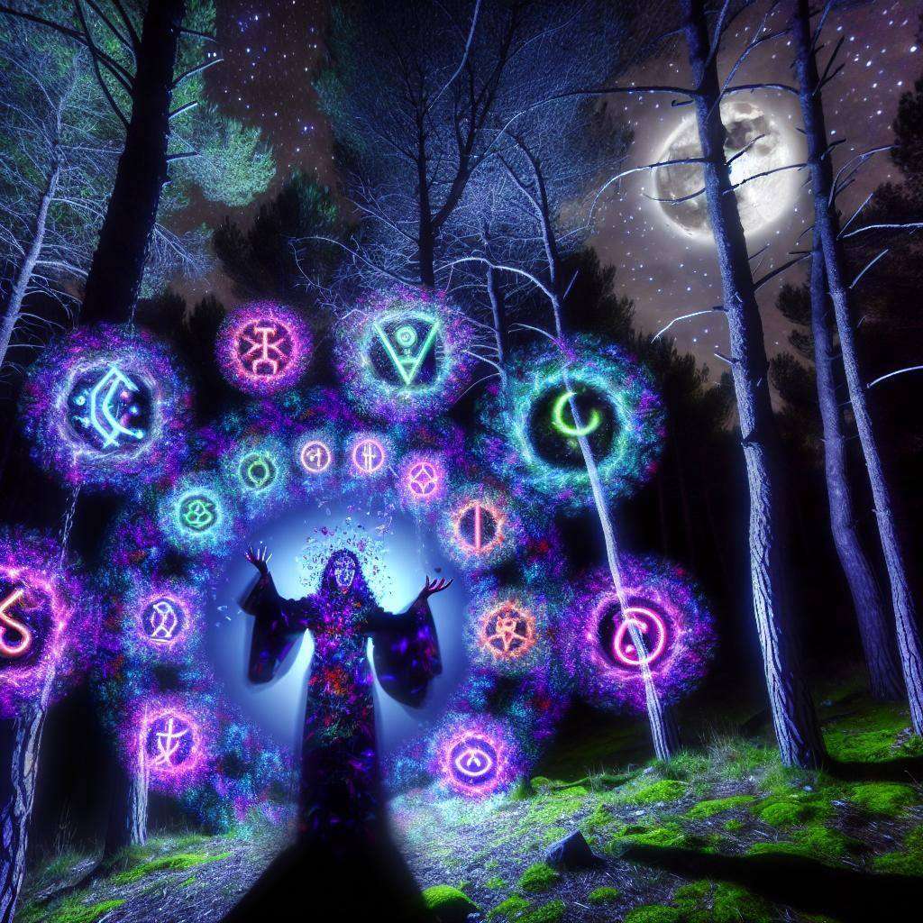 A moonlit forest with a figure casting spells, surrounded by swirling magical energies and glowing runes.