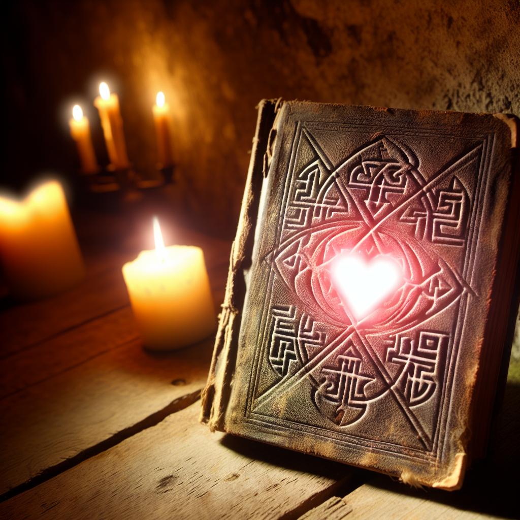 A mysterious, weathered book with intricate symbols and a glowing heart on the cover, surrounded by flickering candles in a dimly lit room.