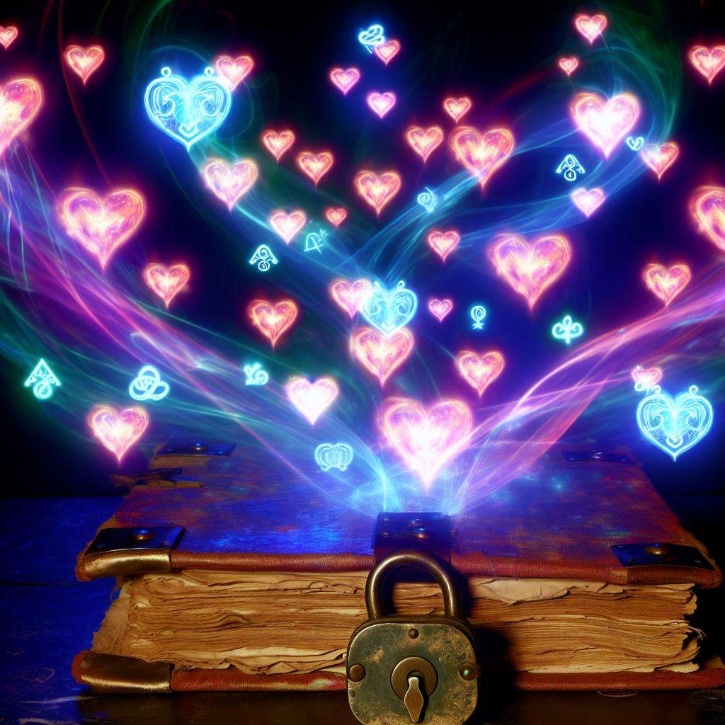 A mystical book with a glowing lock, surrounded by swirling hearts and magical symbols.