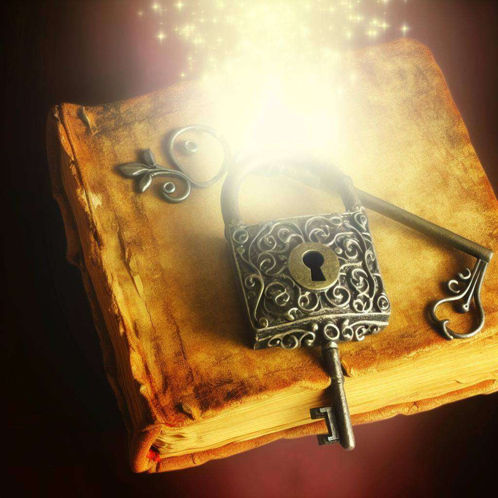 A mystical book with an ornate lock and key, glowing softly with a hint of magic.