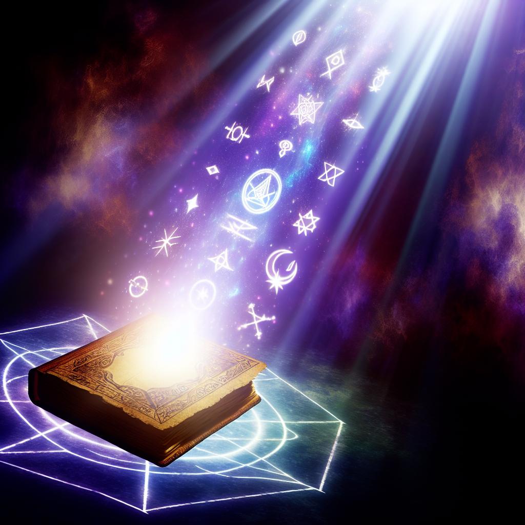 A mystical image of a glowing spell book with intricate symbols and a beam of light shining down on it.