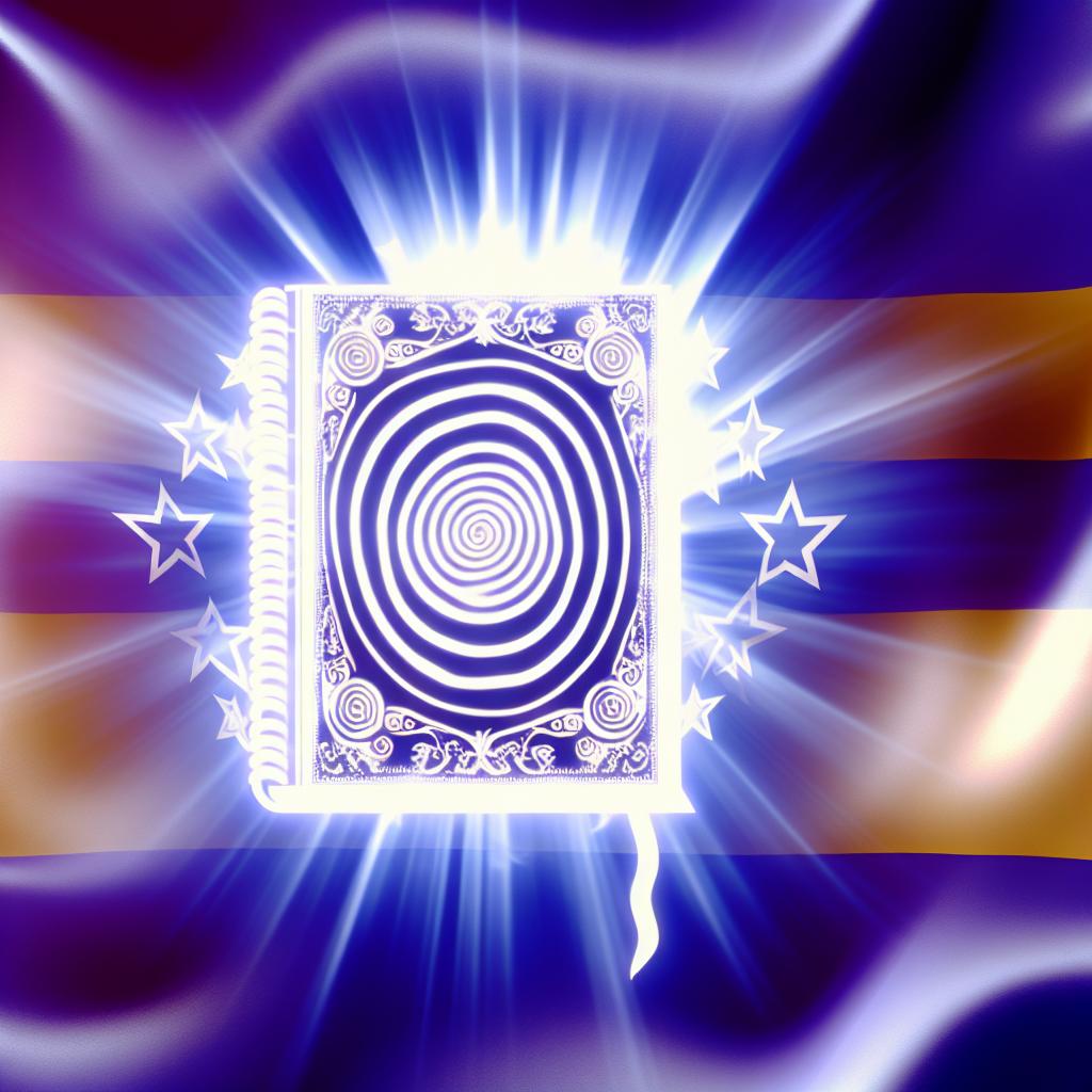 A mystical image of a glowing spellbook surrounded by swirling patterns and symbols, set against the backdrop of the Washington state flag.