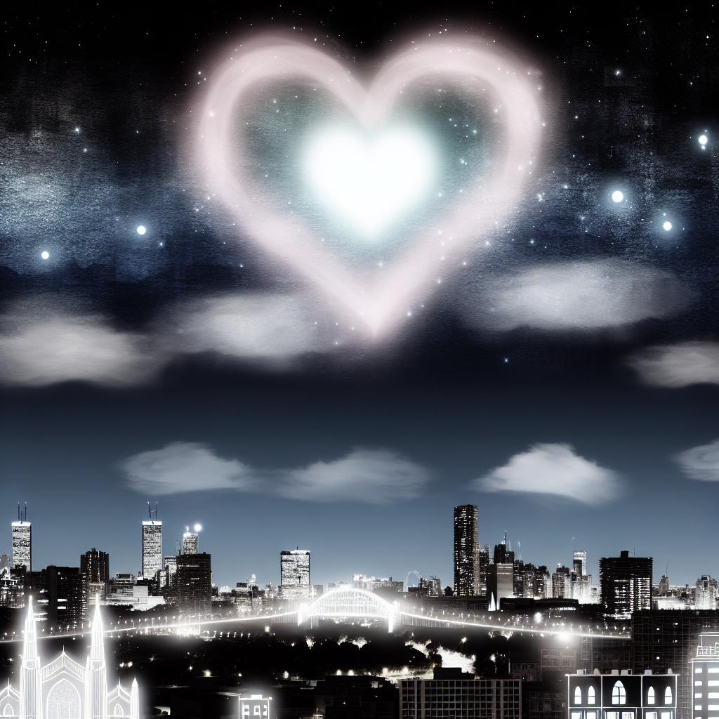 A mystical image of the Toronto skyline at night, with stars twinkling in the sky and a glowing heart hovering above the city.