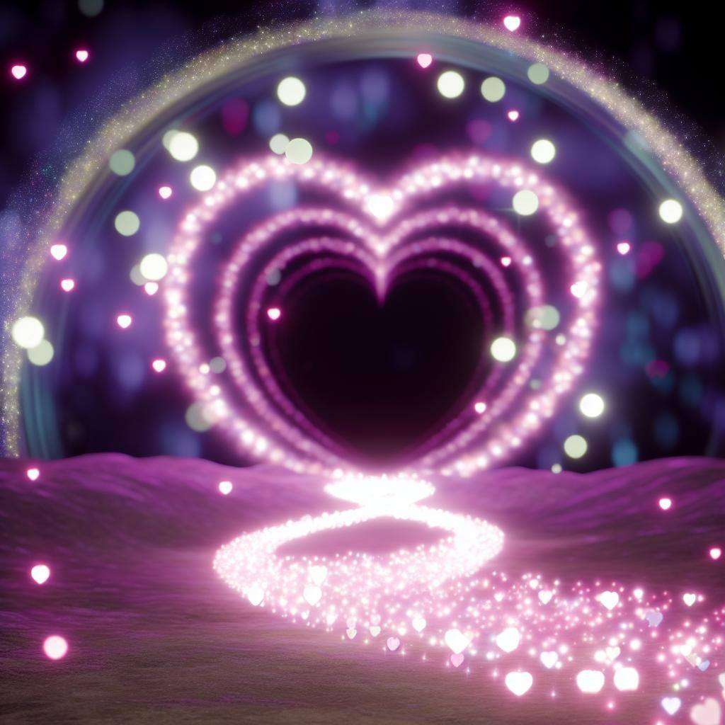 A mystical, enchanting landscape with a glowing path leading towards a heart-shaped portal. Sparkling pink and purple lights dance around the edges, creating an aura of love and wonder.