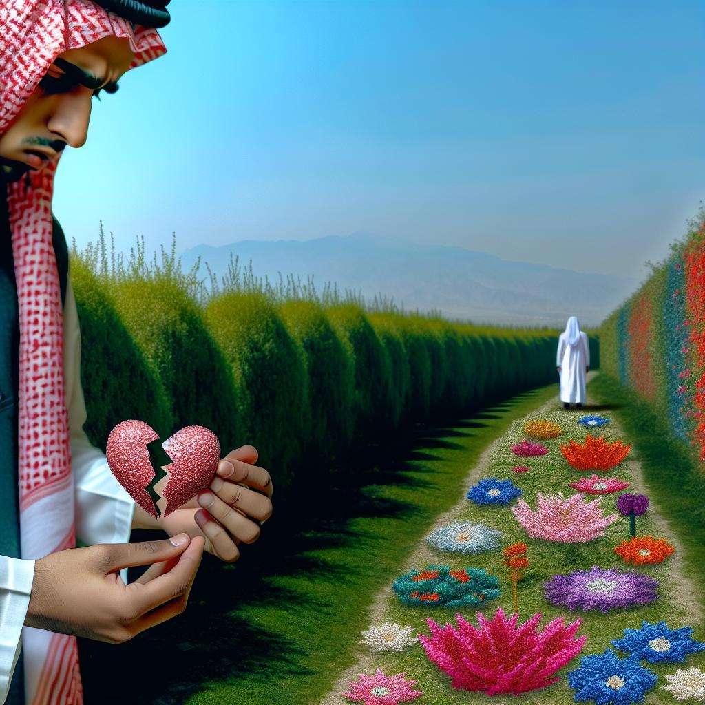 A person carefully holding fragile pieces of a broken heart, surrounded by a path of flowers leading towards a distant figure waiting with open arms.