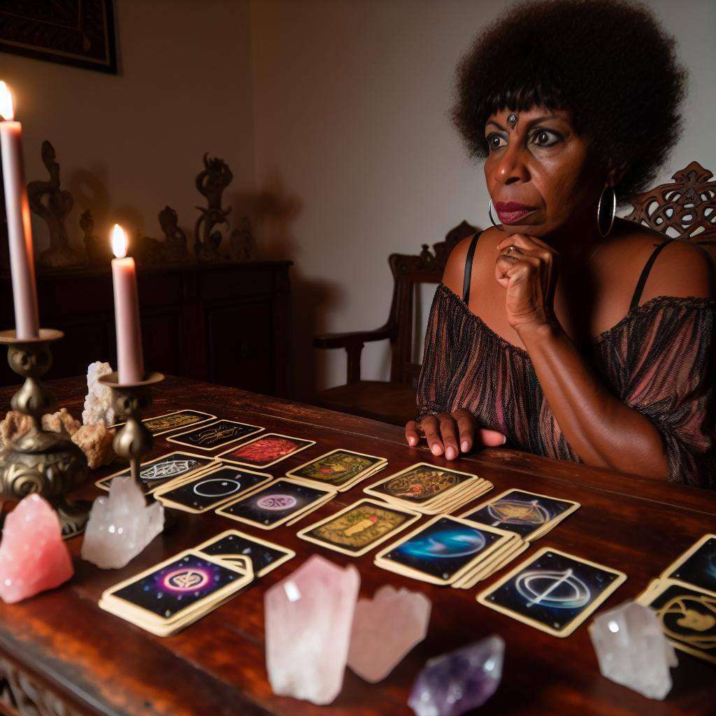 A person sitting at a table with a deck of tarot cards spread out in front of them, surrounded by candles and crystals, with a look of curiosity and contemplation on their face.