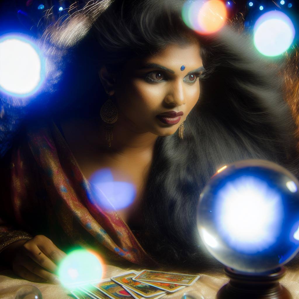 A woman with flowing dark hair and a mystical aura, surrounded by glowing orbs and a deck of tarot cards, gazing into a crystal ball with a look of intense focus and concentration on her face.