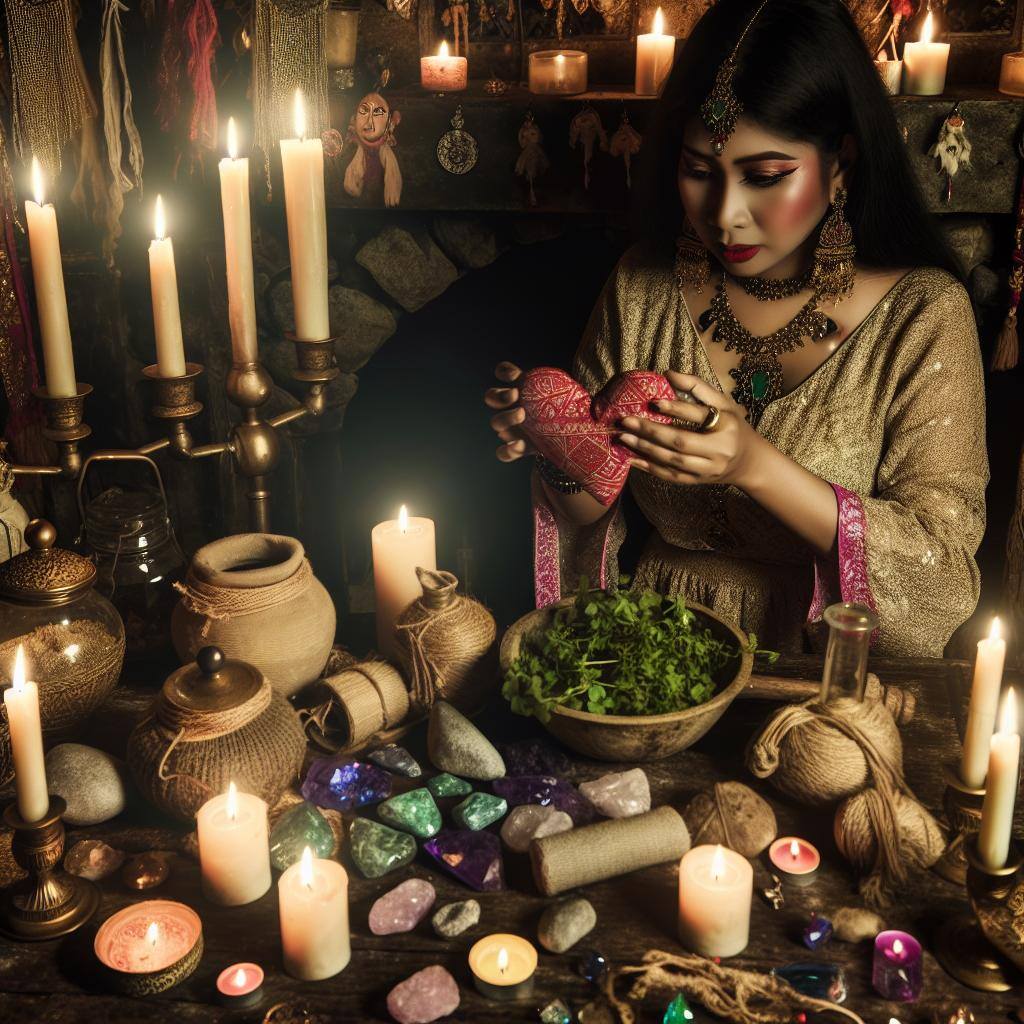 An enchanting scene of a love spell caster surrounded by glowing crystals, herbs, and candles, carefully working on mending a broken heart.